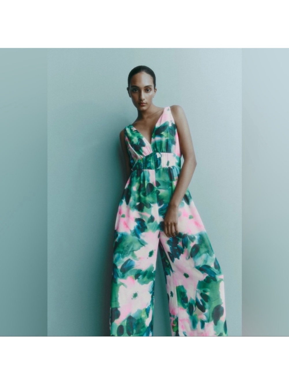 Zara Floral V-Neck Wide-Leg Jumpsuit